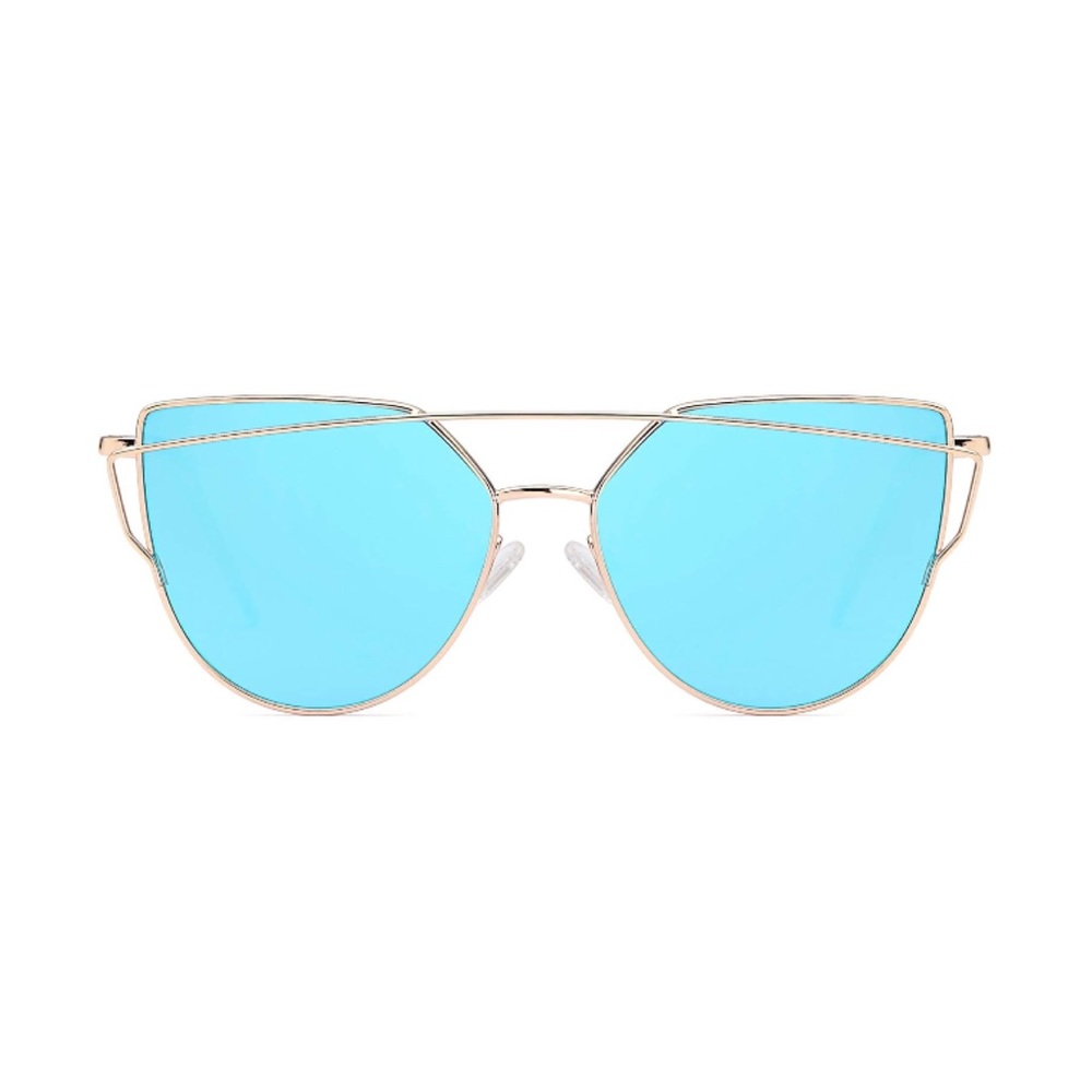Blue Mirrored Lens Gold Frame Cat Eye Aviators - Picture 3 of 4